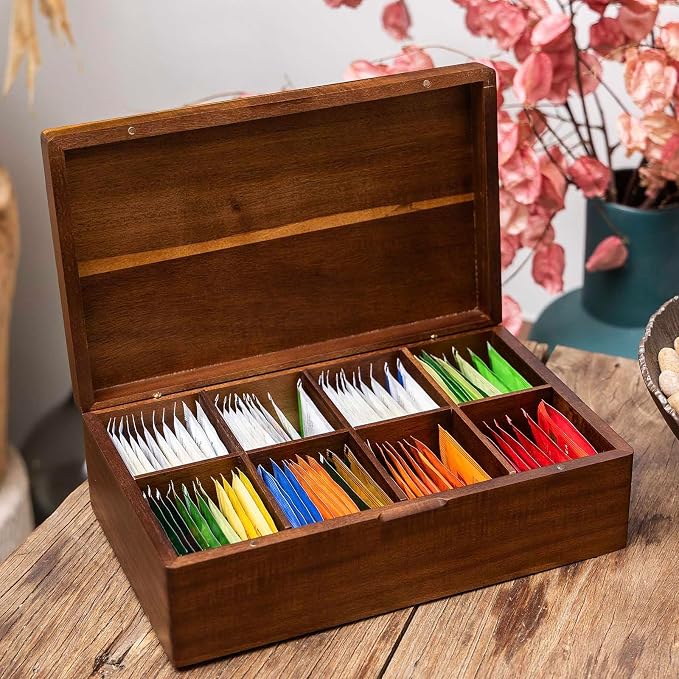 Acacia Wooden Tea Bag Organizers, Tea packet Storage Boxes, Tea Caddy for Tea Bags Chest, Teabag Holder Containers, Teabox Station Display, Organizador De Tes Caja Para Te, 8 Compartments - Image 4