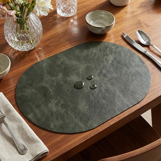 Oval Placemats 2mm Ultra Thick Faux Leather Table Mats, Heat Resistant Waterproof Wipeable Dining Mats for Kitchen Table, Set of 6, Olive Green - Image 5