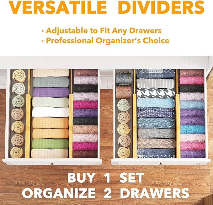 SpaceAid Bamboo 4 Pack Dresser Drawer Dividers, 4.65“ High Adjustable 12.5“-17” Drawer Organizers, Expandable Organization for Clothing, Clothes, Dressers, Natural - Image 5