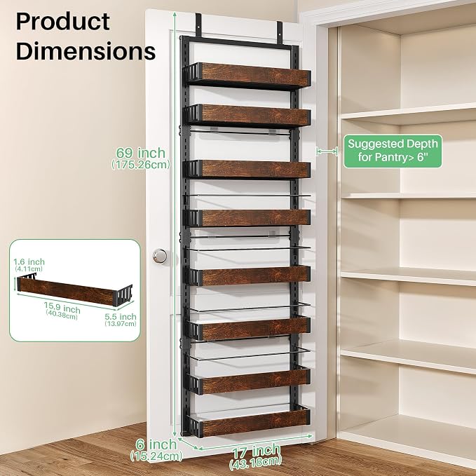 SNTD 8 Tiers Wooden Over Door Organizer, 17" W x 6" D x 69" H, Rustic Brown | Pantry Door Organizers and Storage, Height Adjustable Spice Rack, Dense Mesh Baskets, Anti-Swing, Adjustable Door Fastener - Image 2