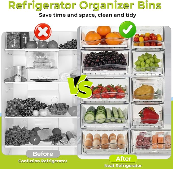 4Pack Fridge Organizer, Stackable Refrigerator Organizer Bins, Reusable Food Storage Containers, BPA-Free with Drain Tray for Bathroom, Kitchen, Refrigerator, Pantry (4 Drawers, Large, Medium) - Image 6