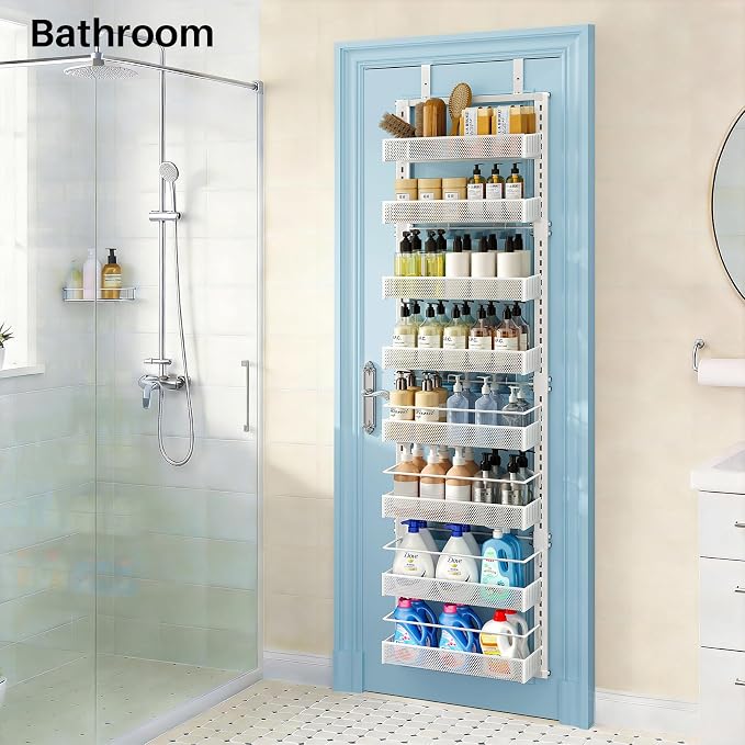 SNTD 8 Tiers Narrow Over the Door Organizer, 12.3"W x 4.7"D x 69"H, White | Pantry Door Organizers and Storage, Height Adjustable Spice Rack, Dense Mesh Baskets, Anti-Swing, Adjustable Door Fastener - Image 5