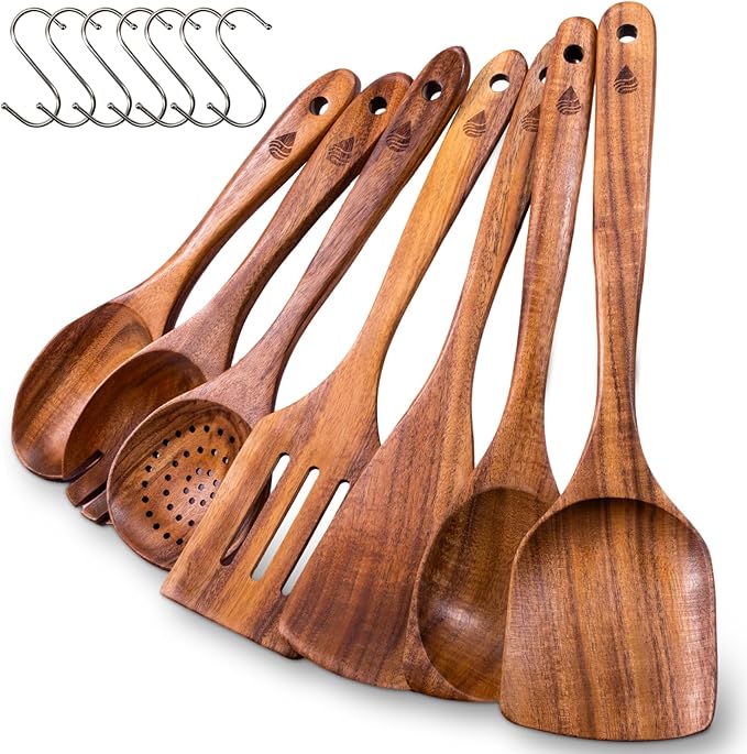 7 Pcs Teak Wooden Utensils Set, Wooden Cooking Utensil | Non-Toxic & Nonstick Safe Kitchen Utensil, Durable Comfort Grip， Heat Resistant Wood Cookware with Hooks by Vorisebo