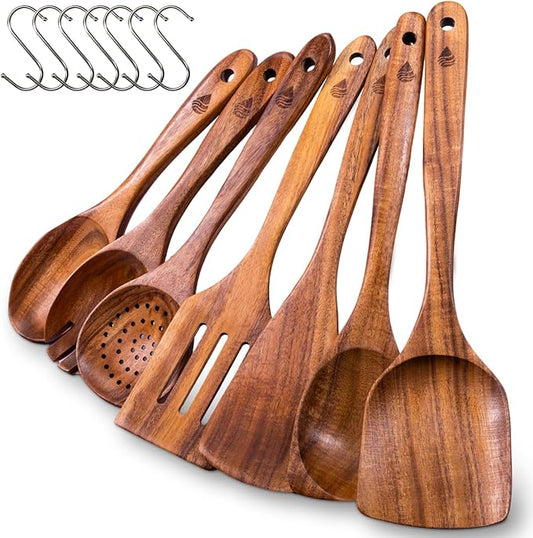 7 Pcs Teak Wooden Utensils Set, Wooden Cooking Utensil | Non-Toxic & Nonstick Safe Kitchen Utensil, Durable Comfort Grip， Heat Resistant Wood Cookware with Hooks by Vorisebo