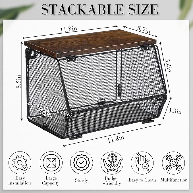 Teenyyou 2 Pcs Stackable Mesh Fruit Basket with Lid Wall Produce Vegetable Storage Basket Onion Potato Hanging Metal Wire Container for Kitchen Counter Pantry(Non-removable,Black,7.1" w & 11.8" l) - Image 3