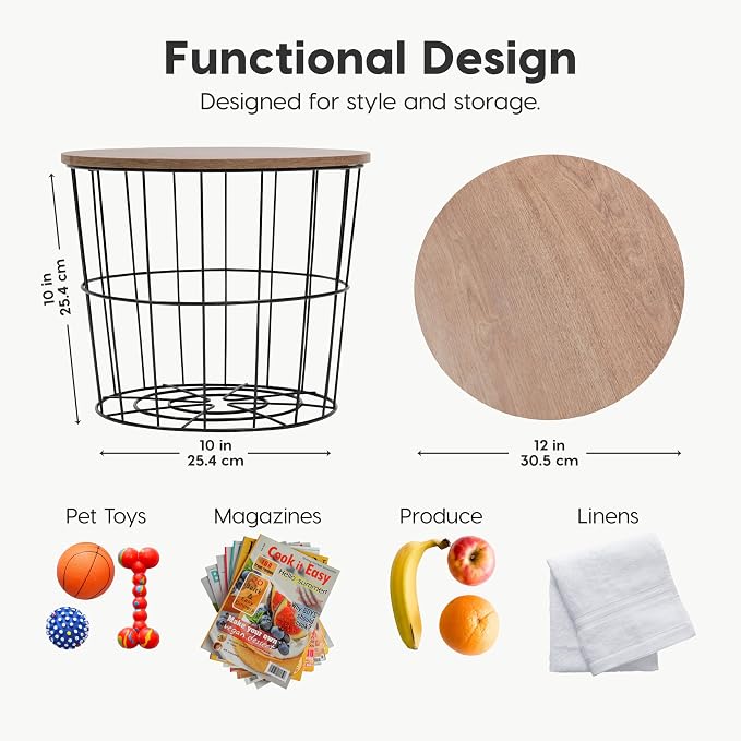 IRIS USA Round Wire Basket with Wooden Lid, 2 Pack | Living Room Bathroom Kitchen Storage, Water Resistant Surface - Image 3