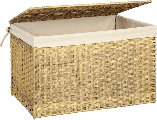 SONGMICS Storage Basket with Lid, Woven Blanket Storage Bin with Handles, Foldable, Removable Liner, Metal Frame, for Bedroom, Laundry Room, 42.3 Gallons (160 L), Natural URST76NL by Unknown