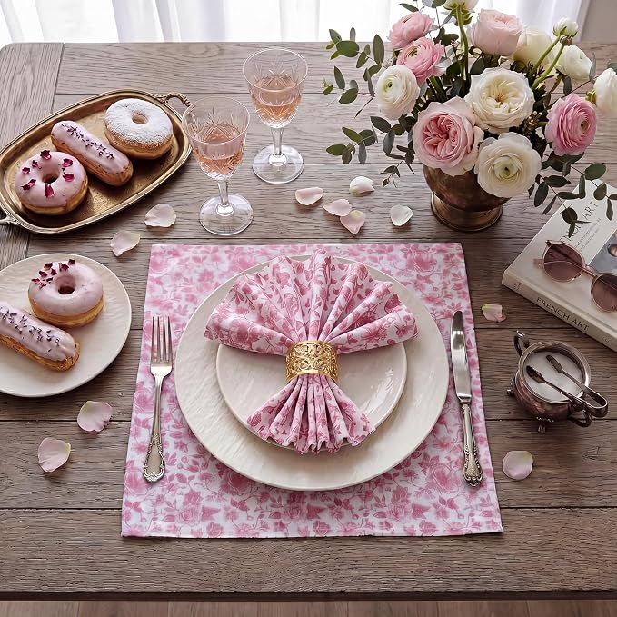 Tegeme 24 Pcs Pink and White Floral Cloth Napkins 15" x 15" Reusable Cotton Napkins, Pink Floral Napkin for Spring Tea Party, Wedding, Catering & Home Decor - Image 7