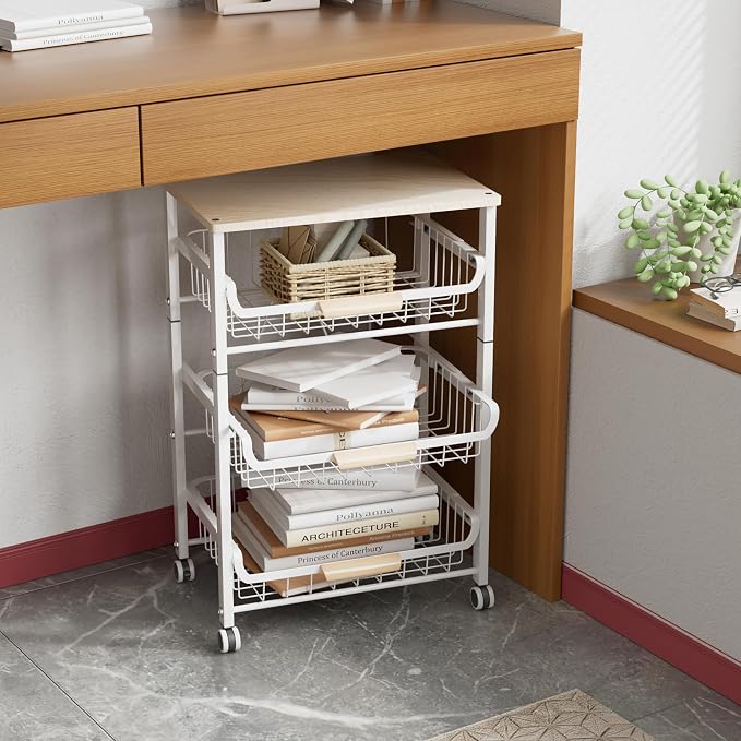 NiuYichee 4-Layer Fruit Basket Kitchen Food Storage Organizer and Storage Rack, Stackable Storage cart with Desktop, Pull-Out Hollow Metal Storage Basket, liding Out Storage,White - Image 3