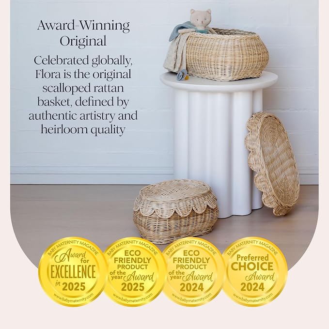 BEBE BASK The Original Scalloped Basket with Lid - Set of 2 (15x11x6 In) | Handwoven & Award Winner, Sustainable Rattan, Wicker Basket With Scalloped Edge Lid, Nursery Storage, Scallop Basket, Natural - Image 3