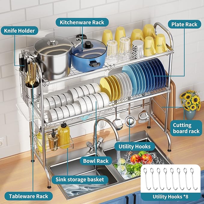 HOWDIA Stainless Steel 2-Tier Over The Sink Dish Drying Rack with Utensil Holder, Large, for Kitchen Counter | Stainless Steel, Cutlery Holder & Chopping Board Rack, for Kitchen Counter - Image 5