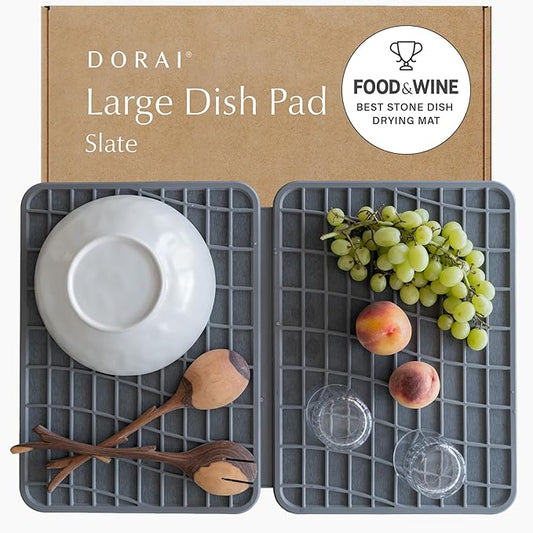 Dorai Home Dish Pad - Collapsable Stone Dish Drying Mat with Diatomaceous Earth for Quick Drying - Ultra Absorbent - Encased in Silicone - Eco-Friendly, Foldable - Large 24.6" x 16.5", Slate by DoraiHome