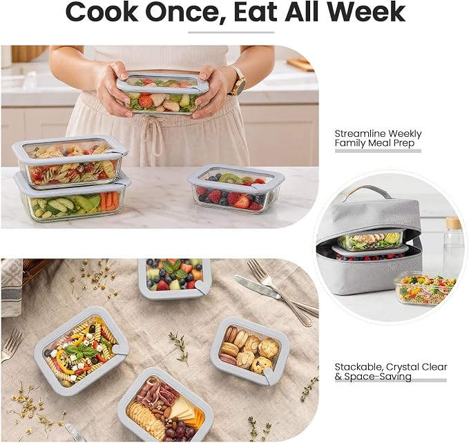 Taree Glass Food Storage Containers with Glass Silicone Lids,22/35oz,Grey | Meal prep,office lunches&eftover storage,borosilicate glass,microwave safe reheating with steam vent,BPA free,dishwasher safe - Image 7