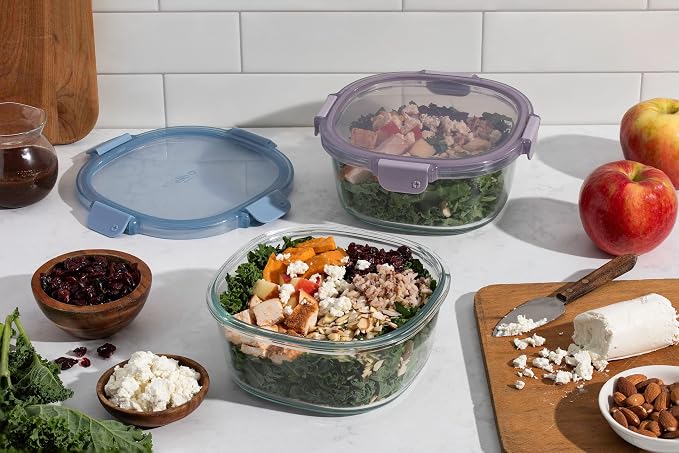 Ello Color Lock 7 Cup Glass Meal Prep Containers & Lids, 2 Pack, Slate/Wisteria - Image 2