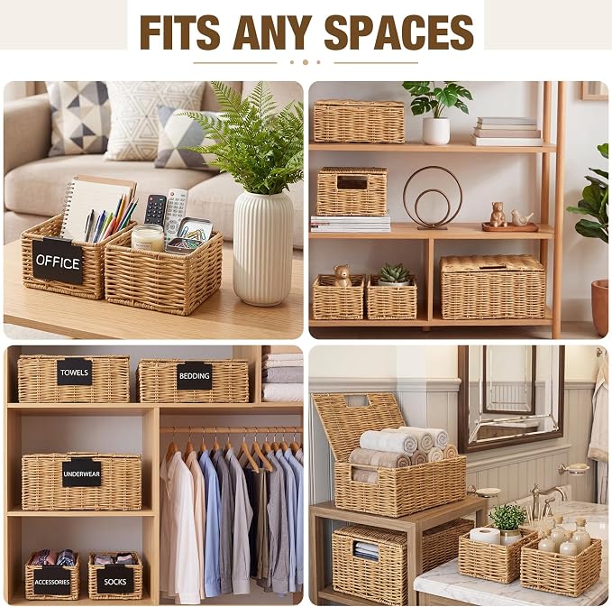 Yookeer 5 Pcs Woven Plastic Rattan Storage Baskets with Lid and Handles, Natural Color Large Storage Organizer with Labels, Stackable Rectangular Boho Decorative Baskets for Toys Shelves Bedroom - Image 5