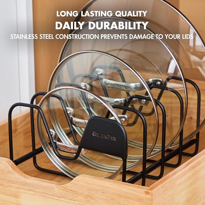 GreenPan Stainless Steel Wire Pots and Pans Lid Storage Rack, Holds 4 Lid Covers, Easy Storage, Countertop or Cabinent Organizer, Minimizes Clutter, Fast Drying, Wipes Clean, Black - Image 5