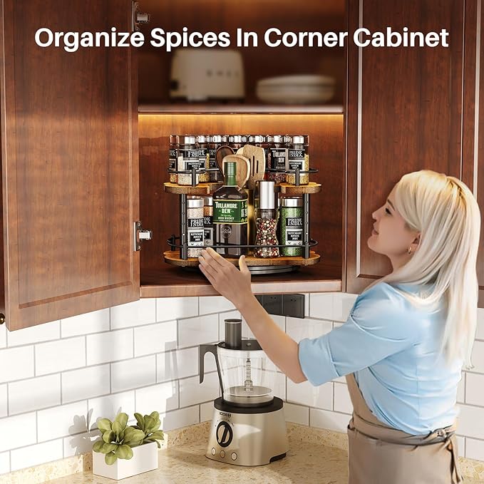 Lazy Susan Organizer Spice Rack - Spice Organization for Cabinet Height Adjustable Rotating Lazy Turntable, Pantry Kitchen Wood Revolving Seasoning Organizer (Vintage, 12 Inch) - Image 2
