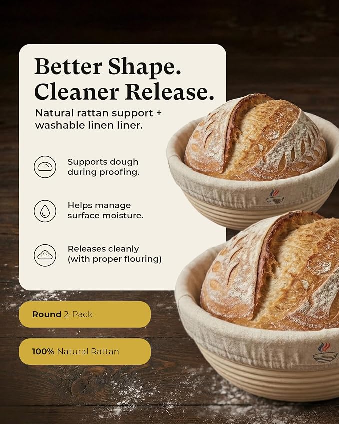 Banneton Bread Proofing Basket with Liners - Natural Rattan Dough Riser, Sourdough Bread Basket, Artisan Bread Loaves, Homemade Bread Making - 2 Pack 9 " Round Basket - Image 2