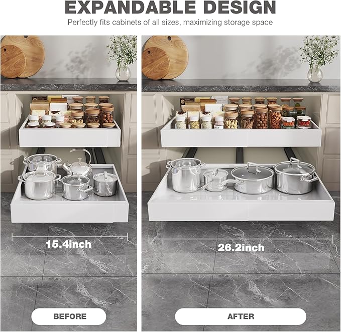 Seinloes 2 Pack Pull Out Cabinet Organizer 19" Deep,Full Extension 3 Slide Rails Slide Out Drawers With Raising Pad for Framed Cabinets,Expandable Width (15.4"-26.2"),No Drill Roll Out shelf,White - Image 4