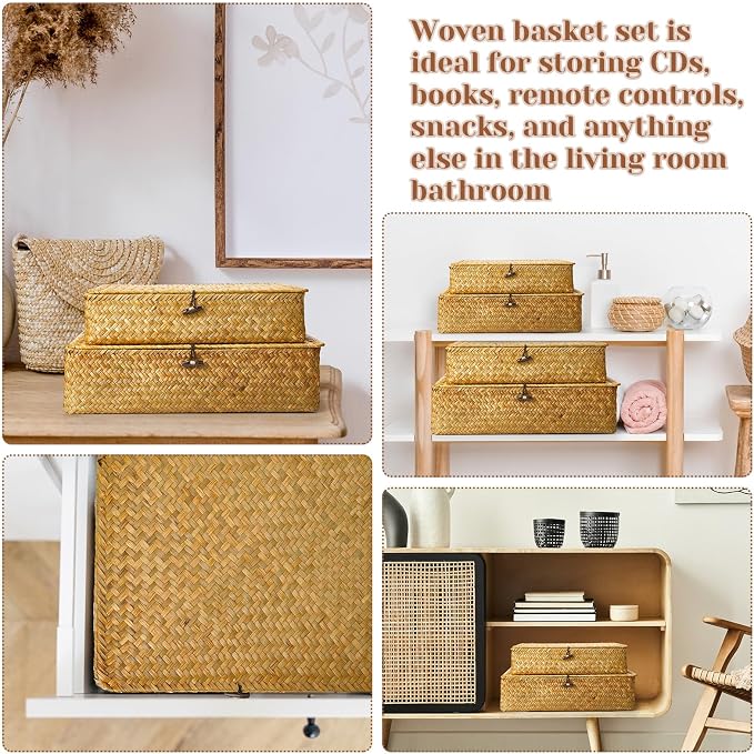 Didaey Set of 4 Seagrass Basket with Lid Wicker Storage Basket Decorative Storage Boxes with Lids Flat Storage Bins Woven Organizer Baskets for Shelf Closet Bedroom, 4 Sizes (Yellow) - Image 6