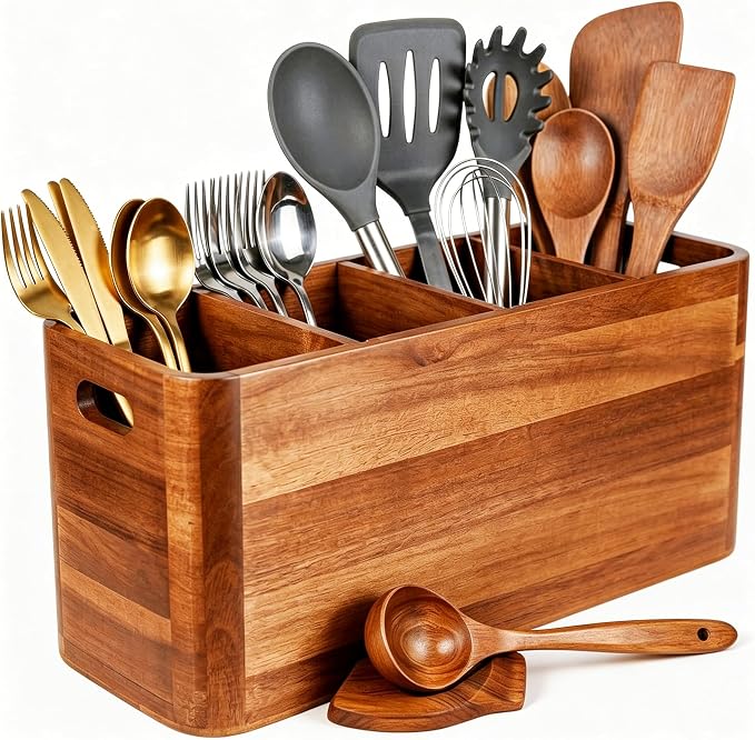 Kitchen Utensil Holder for Counter or Countertop, Extra Large Acacia Wood Organizer with 4 Compartments, Wooden Utensil Holder for Cooking and Silverware, Rustic Wood Container Sturdy Utensil Crock by A+CENTER