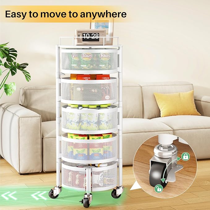SNTD Fruit and Vegetable Basket Bowls for Kitchen with Metal Top Lid, 5 Tier Rotating Storage Rack Cart for Potato Onion Banana, Wire Basket Organizer on Wheels, Large (White) - Image 6