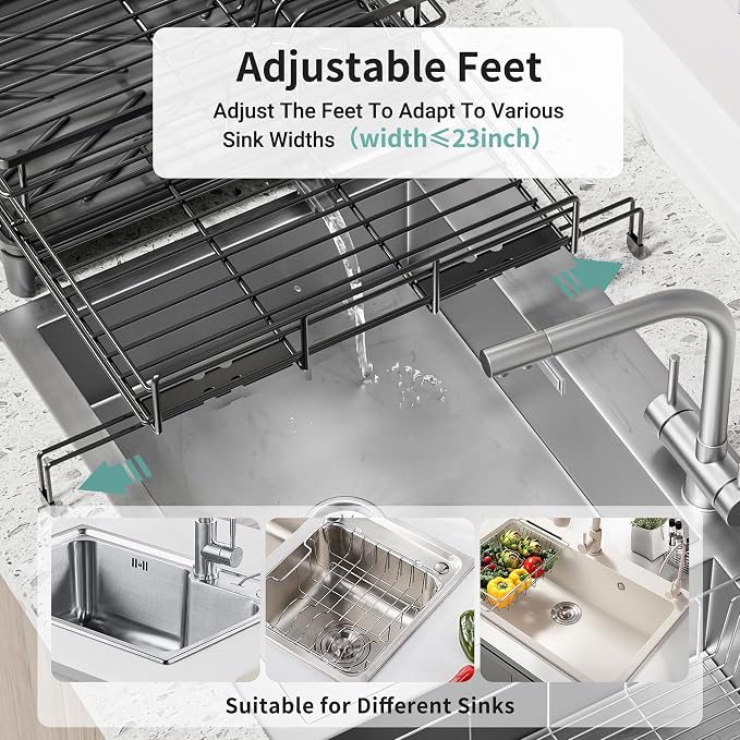 Large Dish Drying Rack - Expandable Dish drainers for Kitchen Counter,Over The Sink Dish Drainer Drying Rack,Rustproof Dish Drainer with Utensil Holder and Drainboard - Image 5