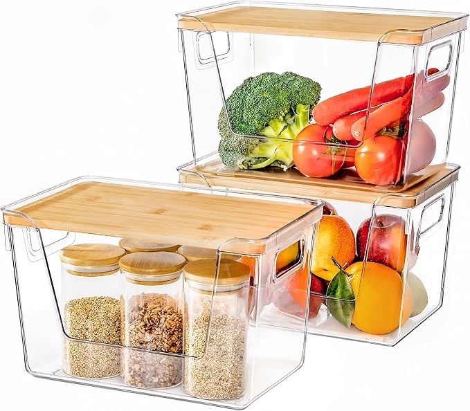 3 Set Pantry Organizers and Storage with Bamboo Lids, Stackable Clear Bins for Onion, Potato, Fruit, Vegetables, Trash Bag Dispenser, Kitchen and Under Sink Organizer by Criusia