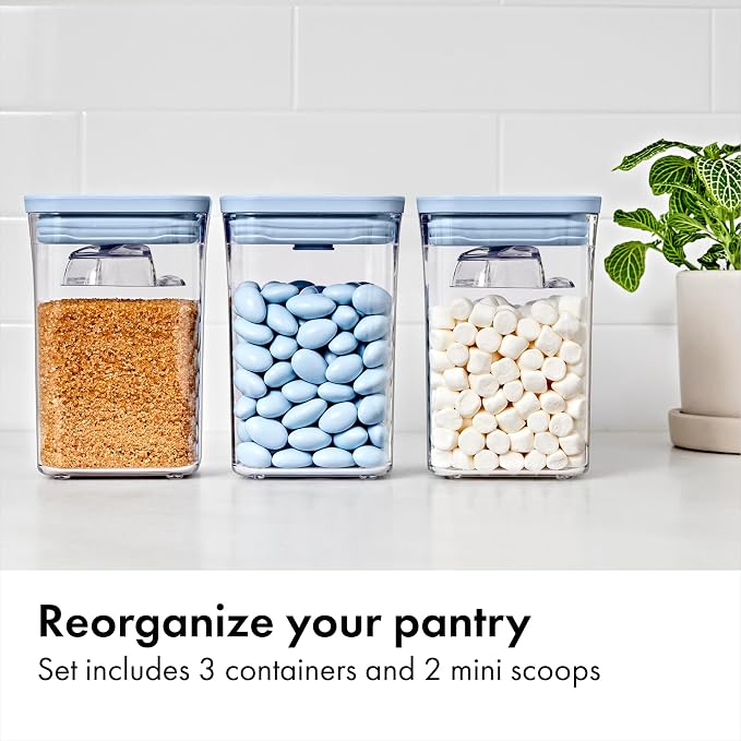 OXO Good Grips 3-Piece POP Container Set with Mini Scoops — Sky Blue, 1.1 Qt/1 L Capacity, Airtight Pop-Up Container with Push-Button Seal, Kitchen Storage Canisters for Cereal and Snacks - Image 4