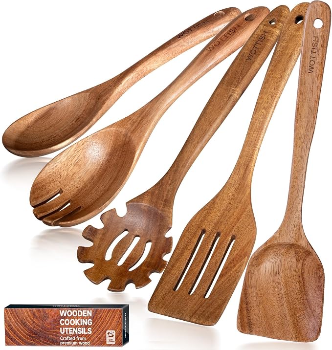 Wooden Kitchen Utensil Set - Natural Solid Wood Spoons, Non-Toxic, Heat Resistant, Non-Scratch and Easy to Clean (A05) by WOTTISH