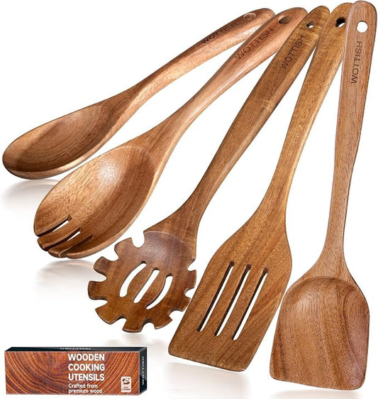 Wooden Kitchen Utensil Set - Natural Solid Wood Spoons, Non-Toxic, Heat Resistant, Non-Scratch and Easy to Clean (A05) by WOTTISH