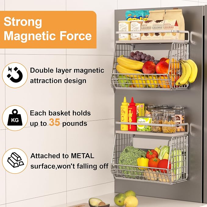 Wire Fruit Basket 2 IN 1 Magnetic & Hanging Wall Produce Basket with Spice Rack for Potato Onion Vegetable Storage for Pantry,Kitchen Countertop and Fridge Organizer - Image 2