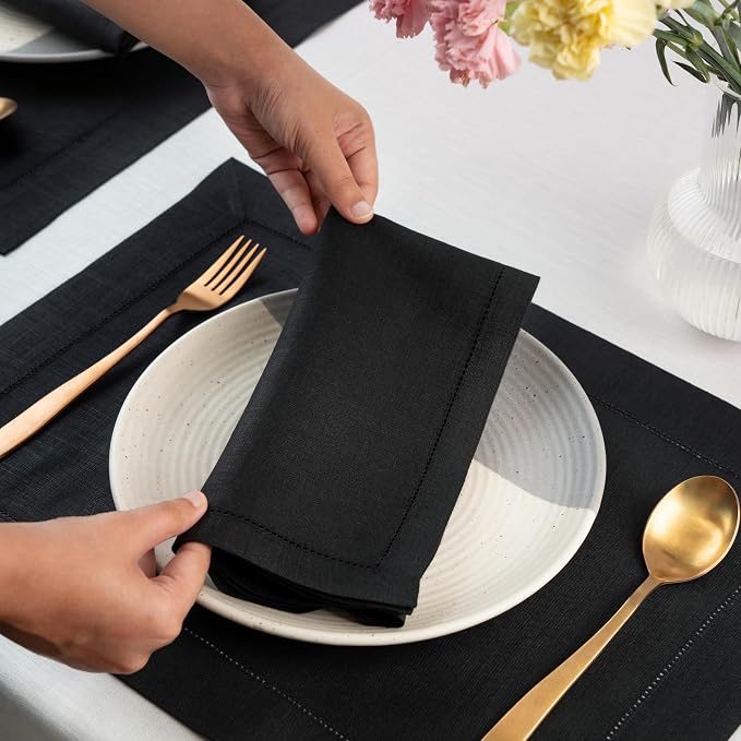 Signature Linen™ by D'Moksha Black Dinner Napkins Set of 8, 20 x 20 Inch Cloth Napkins, 100% Pure Linen, Hemstitch, Machine Washable Table Napkins- Summer, Weddings, Outdoor hostings - Image 2
