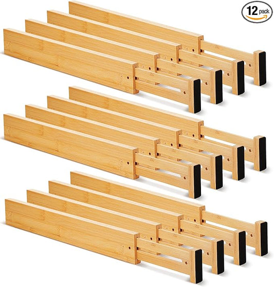 Sawysine 12 Pcs Bamboo Drawer Dividers Adjustable Drawer Organizers Spring Separators Organization Expandable Organizers for Kitchen Bedroom Bathroom Dresser Office (Natural Color,22 x 2.4 Inche) by Sawysine