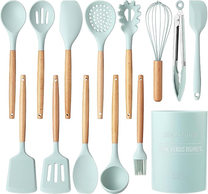 Country Kitchen Non Stick Silicone Utensil Set with Rounded Wood Handles for Cooking and Baking, 14 Piece Set, Mint by CountryKitchen