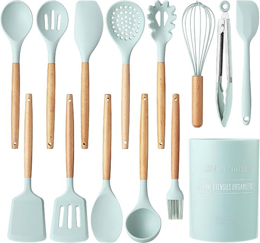 Country Kitchen Non Stick Silicone Utensil Set with Rounded Wood Handles for Cooking and Baking, 14 Piece Set, Mint by CountryKitchen