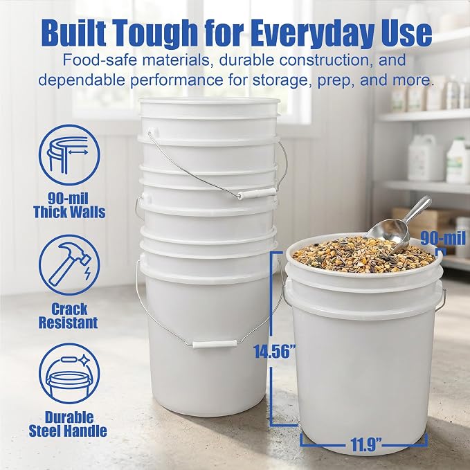 5 Gallon Bucket - Food Grade w/Lid BPA-Free, White/Green, 3 | Airtight Gamma Seal Screw-On Lid, Heavy-Duty 90 Mil HDPE Plastic, Food Safe and Durable Container, Bulk Storage, Made in USA - Image 4