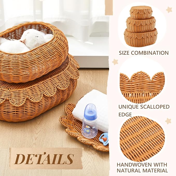 3 Pcs Scalloped Rattan Baskets, Baby Diaper Caddy, Imitation Woven Rattan Wicker Storage Baskets Plastic with Lid for Nursery Storage Organizer Bathroom Decor (Dark Brown,Small,Medium,Large) - Image 5
