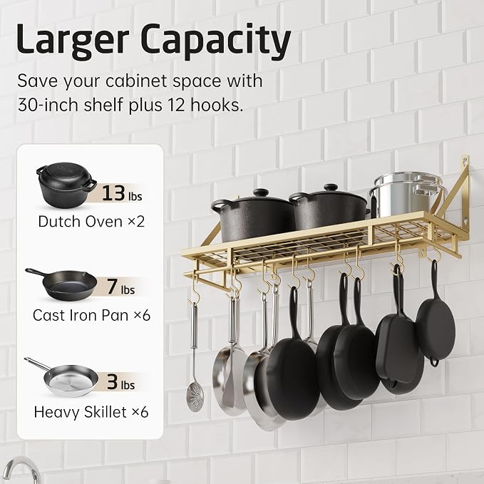 KES 30-Inch Gold Pot Rack, Wall Mounted Hanging Pot and Pan Organizer | 12 Sturdy Hooks, Elegant Modern Kitchen Wall Hanger Shelves, KUR215S75A-GD - Image 2