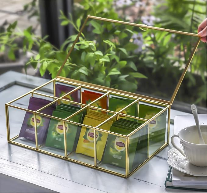 NCYP Glass Tea Bags Organizer with Lid, 8 Compartments Teabag Container, Indoor Counter Top Brass Display Case, 12" x 7.1" x 3.7" Teabag Storage Box, Gold Decor (Glass Box Only) - Image 3