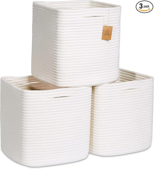 NaturalCozy Storage Cubes 11 Inch Cotton Rope Woven Baskets for Organizing, 3-Pack | Cube Storage Bin | Square Storage Baskets for Shelves Organizer, Classroom, Kids Toy Bins, Closet, Baby Nursery by NaturalCozy
