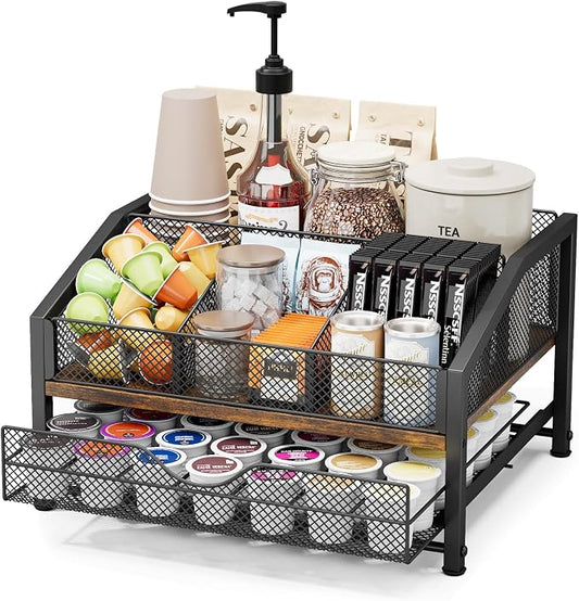 Coffee Bar Organizer - Coffee Station for Countertop, Metal and Wood K Cup holder Storage Basket with Drawer for Syrup, Cups, Stirrer, Condiment, Tea Organizer, Brown by Homsorout