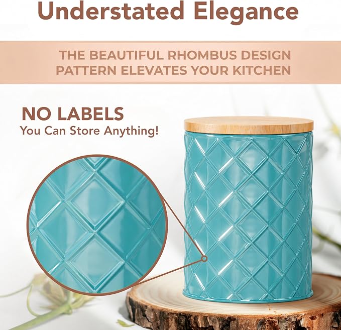 Pebble & Stem® Coastal Teal Metal Canister Set for the Kitchen with Measuring Spoon, Food Canister Set of 4, Airtight Lids, Sugar, Flour Containers, Coffee, Tea Storage, Farmhouse Decor - Image 3