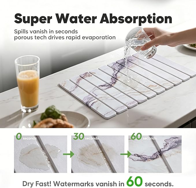 Stone Drying Mat for Kitchen Counter, Quick Diatomaceous Earth Mats for Dishes, 24"L x 16" W Super Absorbent Fast-Drying Collapsible Countertop Stone Mat (Marble White-06, 24" x 16") - Image 3