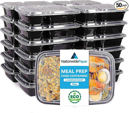 50 Pcs- 2 Compartment Meal Prep Containers Reusable with Lids, Microwave and Freezer Safe Stackable Bento Box- 30oz by Nationwide+Paper