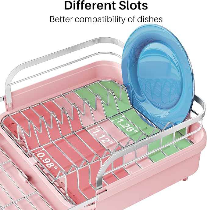SNTD Dish Drying Rack, Expandable Dish Rack for Kitchen Counter, Stainless Steel Dish Drainer with Drainboard Set and Utensil Holder (Pink) - Image 6