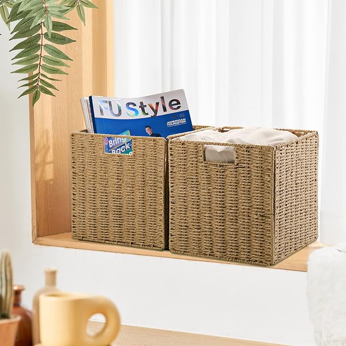 Wicker Storage Basket, Set of 2 Hand-Woven Wicker Basket, 11 inch Storage Baskets for Organizing and Decor, Foldable Cube Storage Organizer Bins Baskets for Shelves, Woven Basket, Natural - Image 3