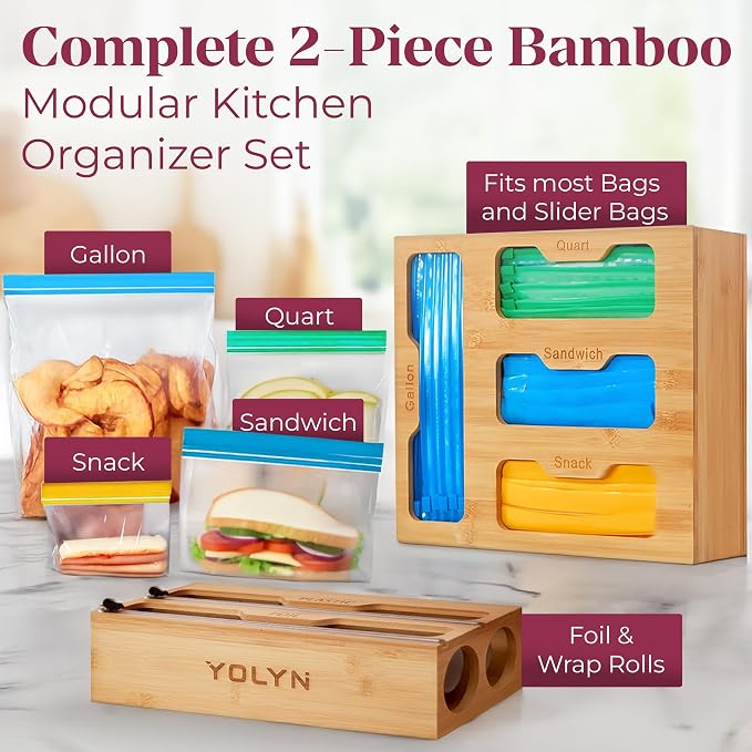 Bamboo Food Storage Bag Organizer for Drawer with Foil & Plastic Wrap Dispenser – Premium Detachable Kitchen Organizer for Gallon, Quart & Sandwich Bags - Image 7