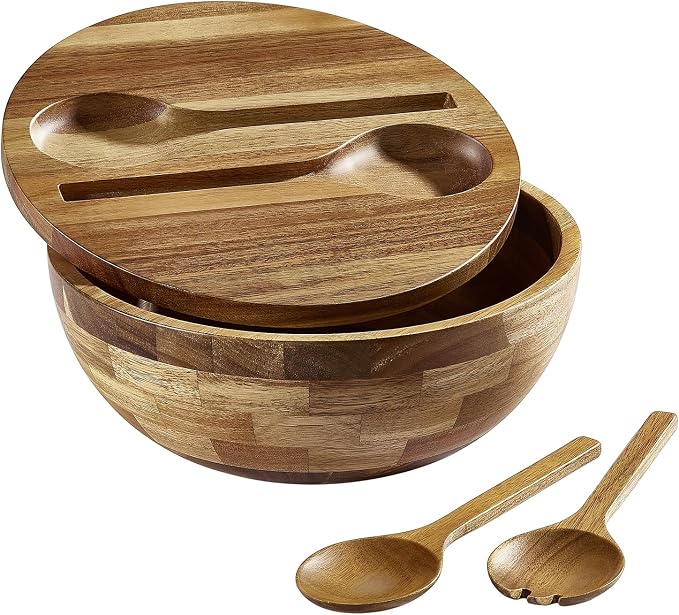 JOYMAY Salad Bowls Wood Salad Bowl Set with Lid Acacia Wood Serving Bowl for Fruits or Salads 10.5" Large Serving Bowl with Serving Utensils, 4 Piece Wooden Mixing Bowl Set for Kitchen, Picnic by JOYMAY