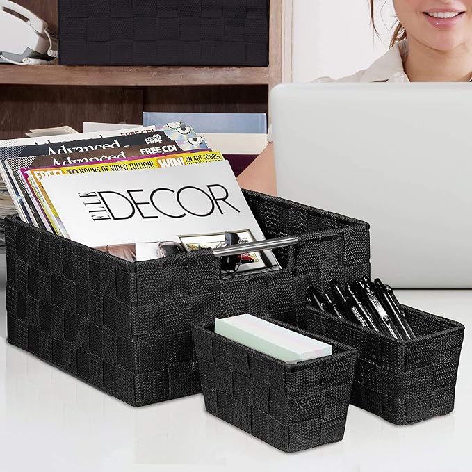 Sorbus Storage Baskets for Organizing (Set of 7), Mesh Hand-Woven Design, Linen Closet Organizers and Storage, Organizer Storage Baskets for Shelves, Variety Pack Organizers and Storage (Black) - Image 6